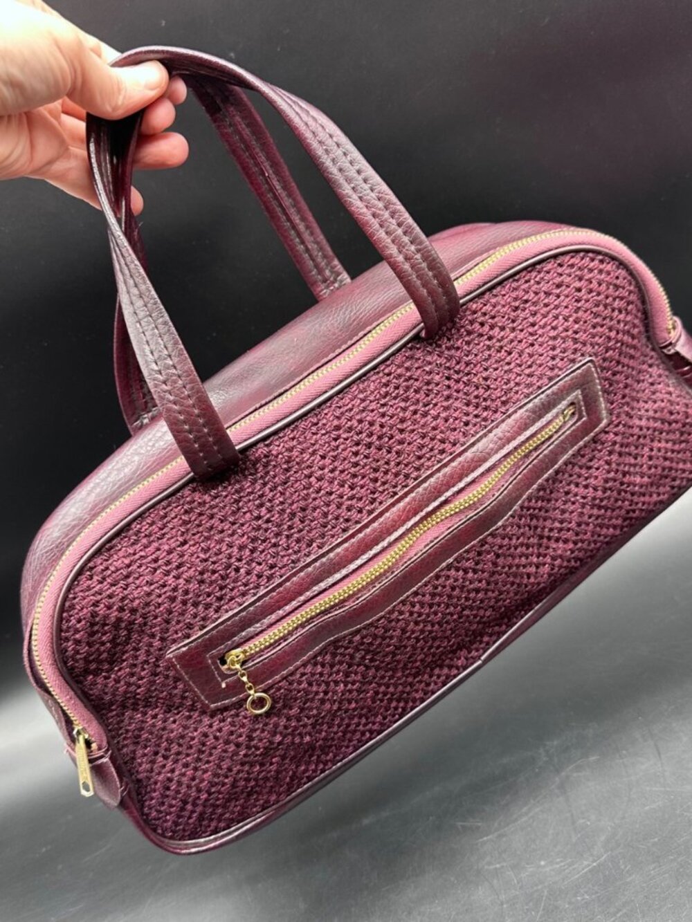 Vintage Purse Handbag 1970s Burgundy Woven Faux Leather Dual Handles Retro Fashi